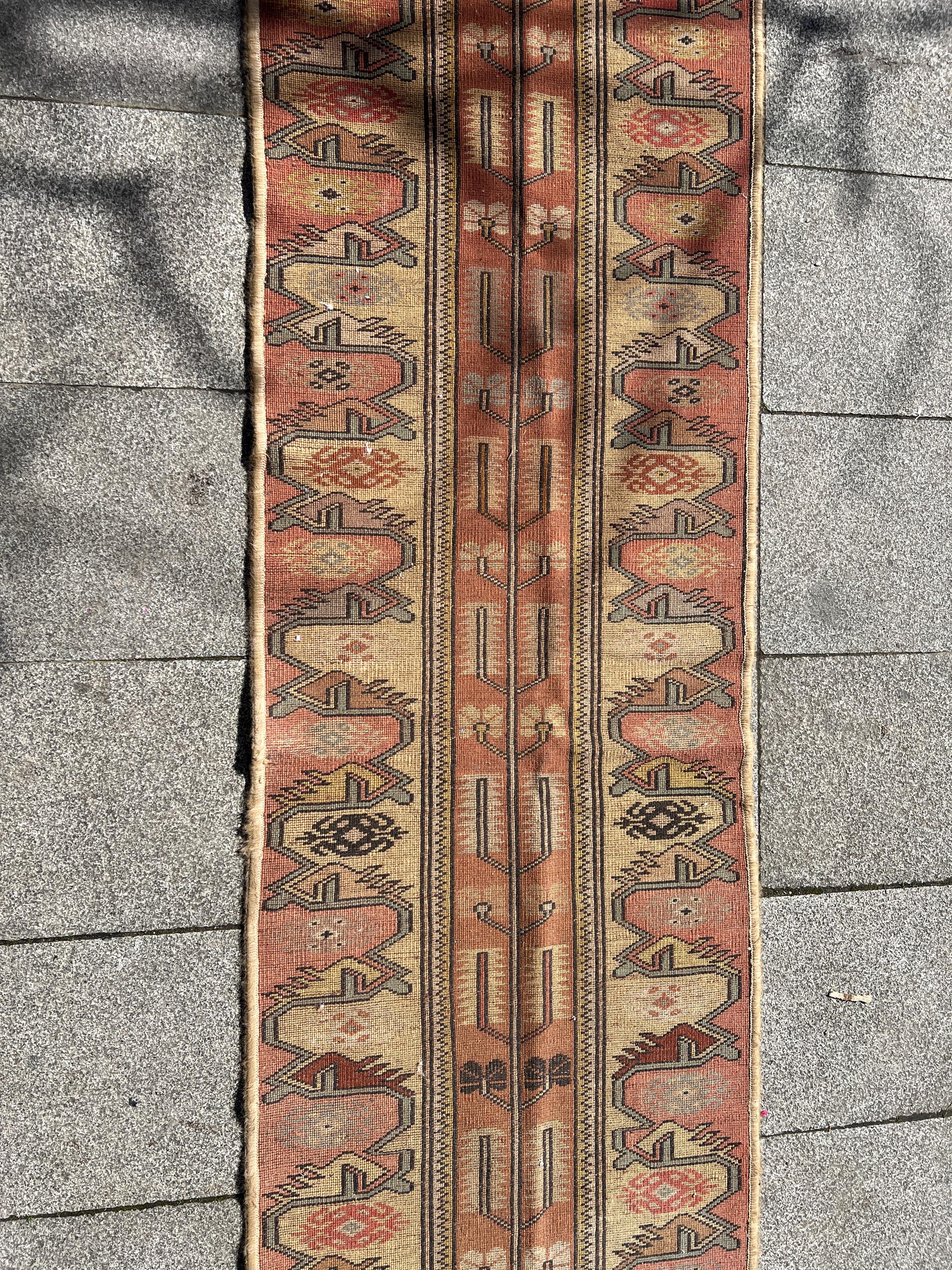 Turkish Runner Rug, Vintage Wool Hallway Rug, Handmade 24x116 Inch, Boho Tribal Decor, Rustic Narrow Carpet, Entryway Long Rug
