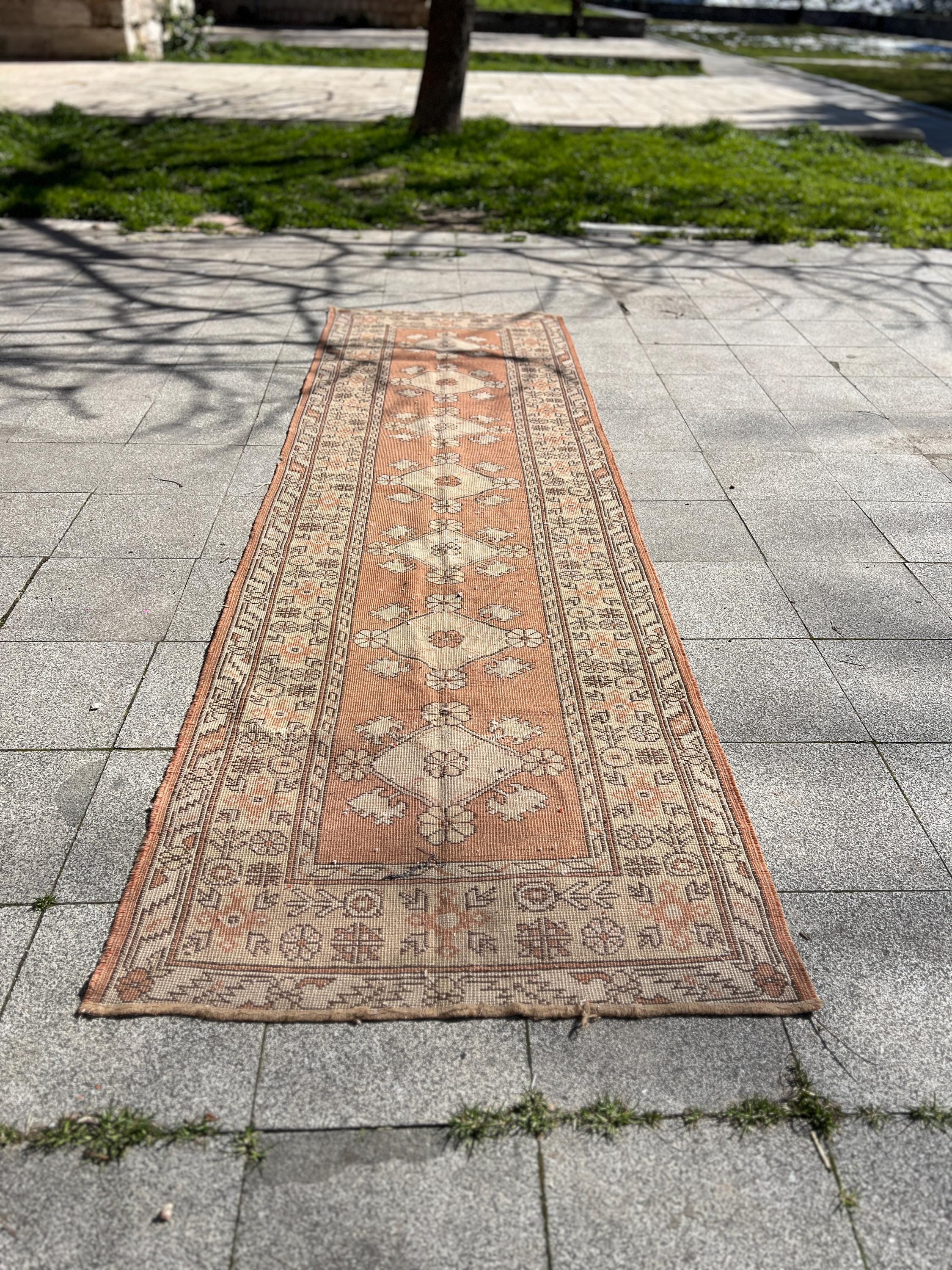 Vintage Turkish Runner Rug 33x114 inches - Handmade Wool Beige & Red Rug, Boho Home Decor, Bedroom - Kitchen Carpet, Unique Area Rug