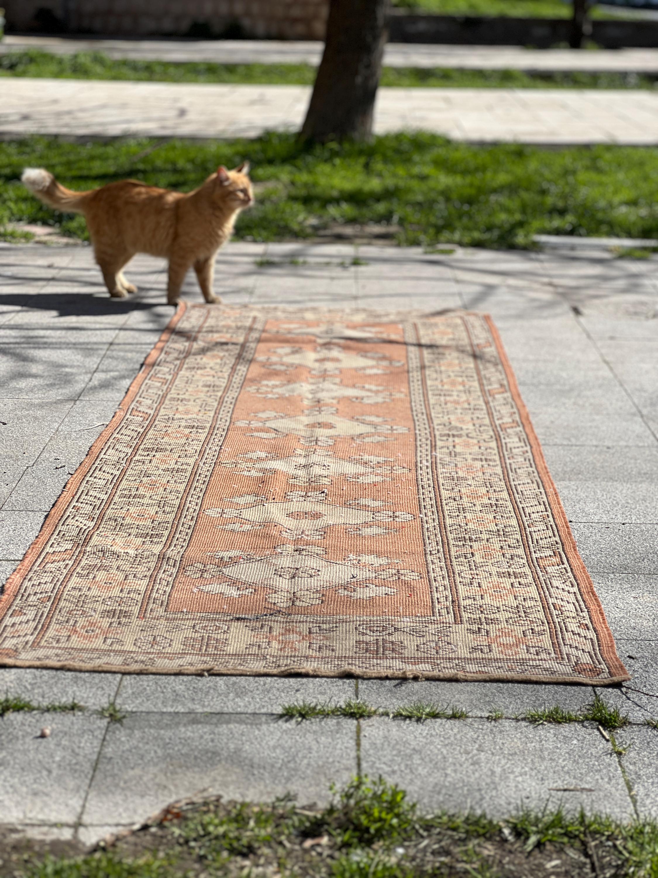 Vintage Turkish Runner Rug 33x114 inches - Handmade Wool Beige & Red Rug, Boho Home Decor, Bedroom - Kitchen Carpet, Unique Area Rug
