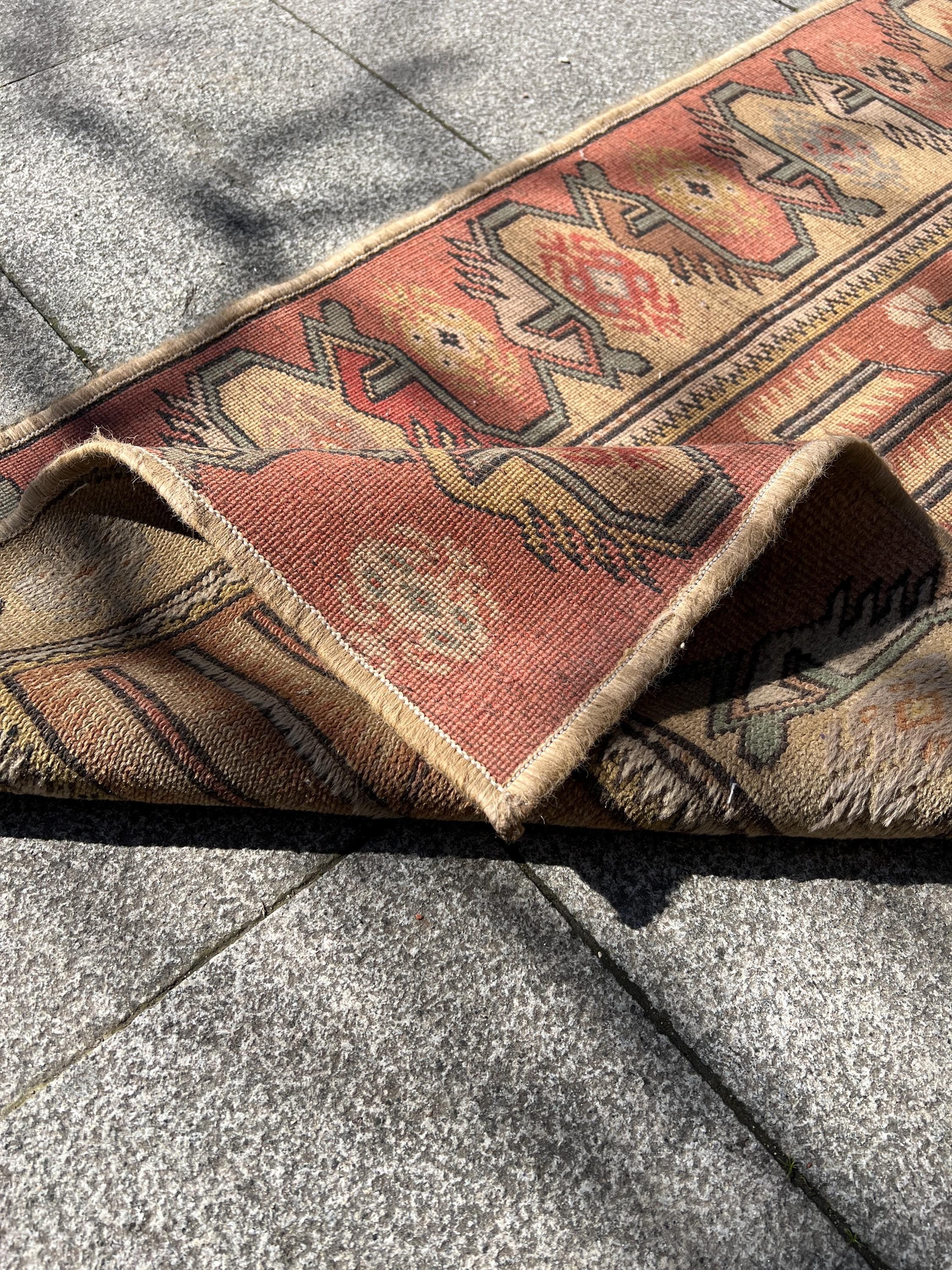 Turkish Runner Rug, Vintage Wool Hallway Rug, Handmade 24x116 Inch, Boho Tribal Decor, Rustic Narrow Carpet, Entryway Long Rug