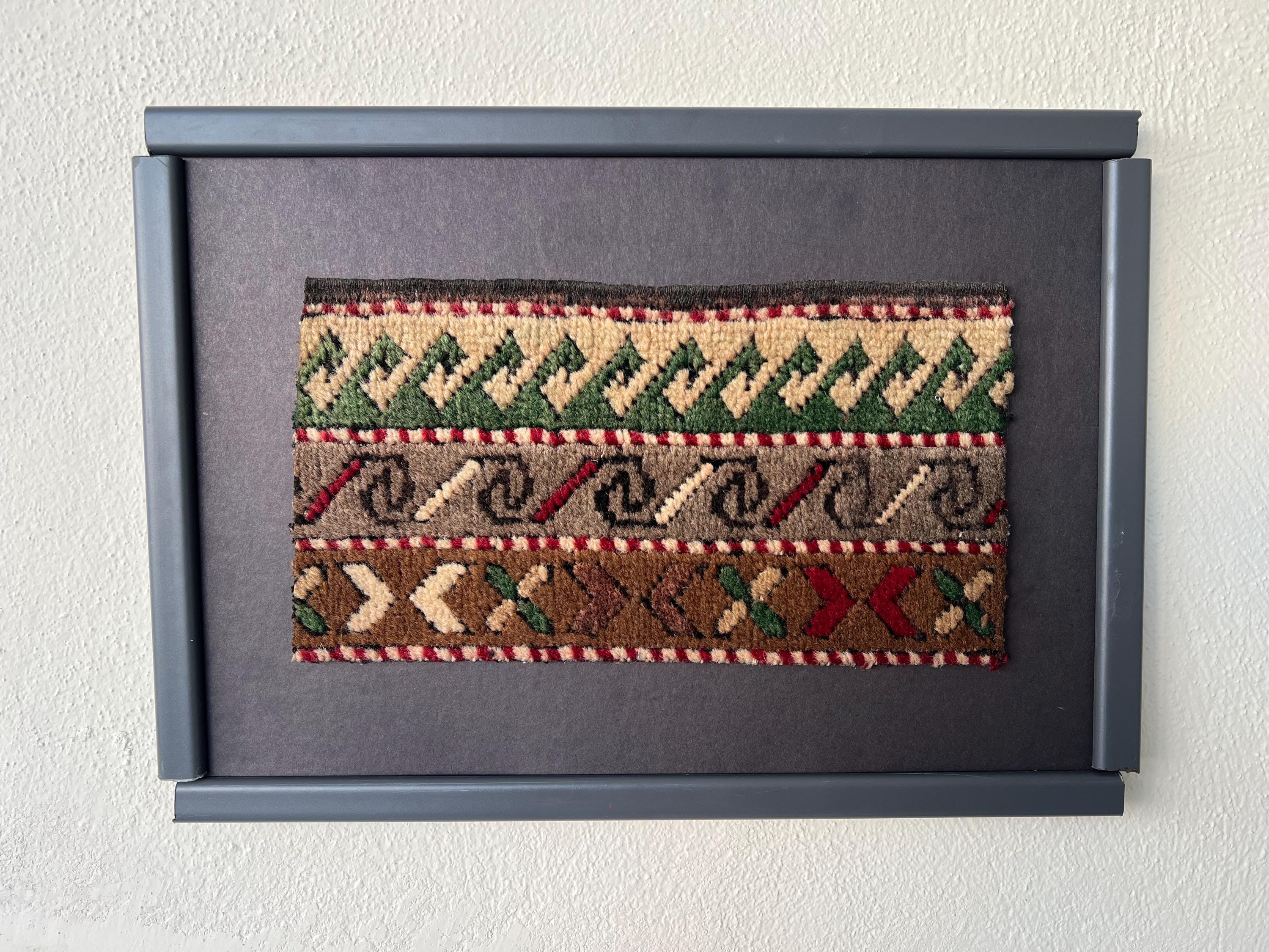 Framed Vintage Kayseri Rug Art, Handwoven Anatolian Wool Textile, 1940s Turkish Rug Wall Decor