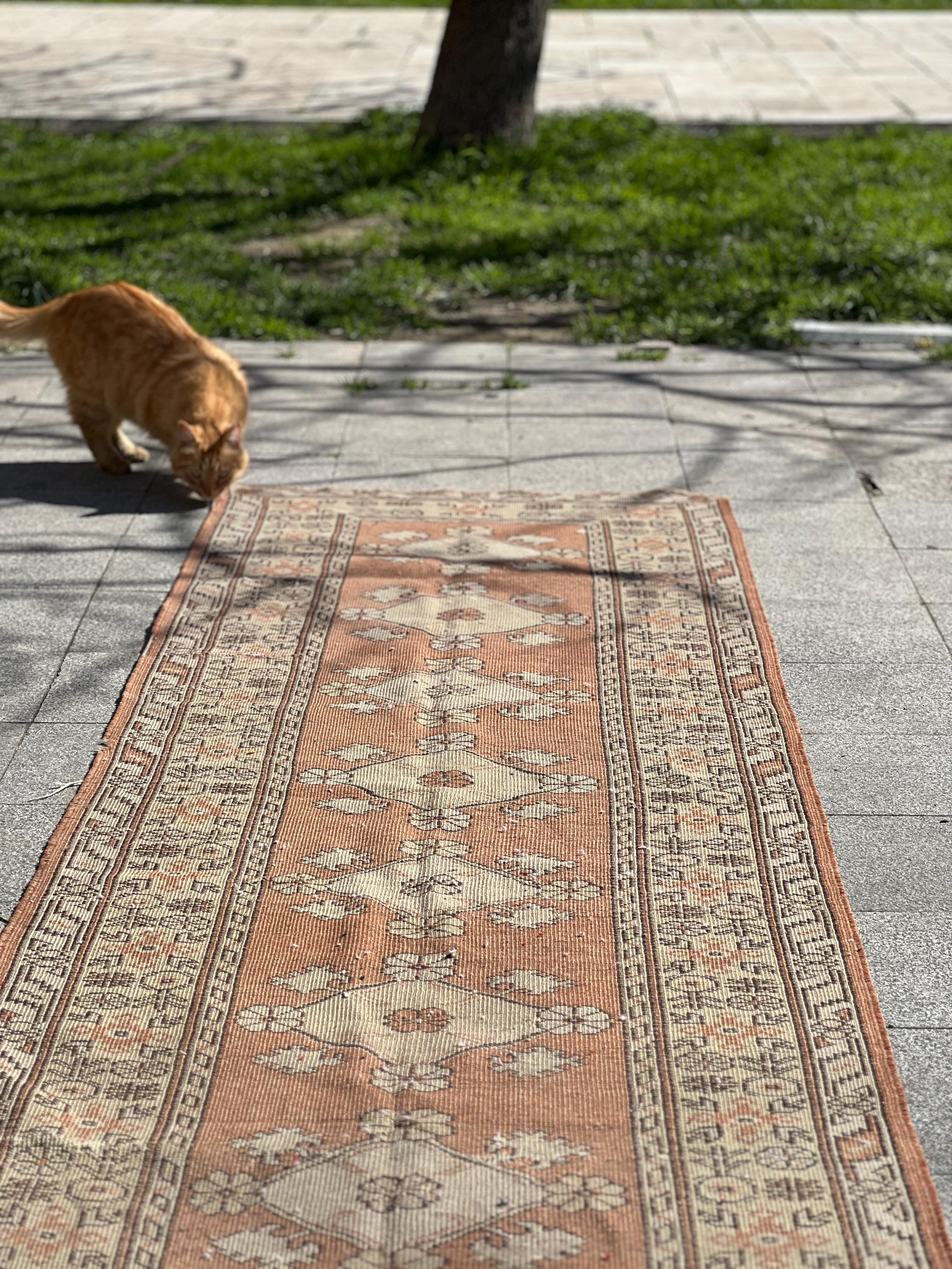 Vintage Turkish Runner Rug 33x114 inches - Handmade Wool Beige & Red Rug, Boho Home Decor, Bedroom - Kitchen Carpet, Unique Area Rug
