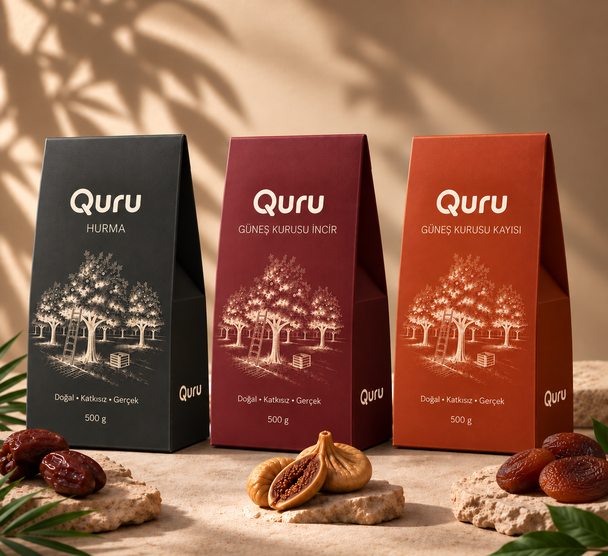 Quru Üçlü Set — kayısı, incir ve hurma ambalajları