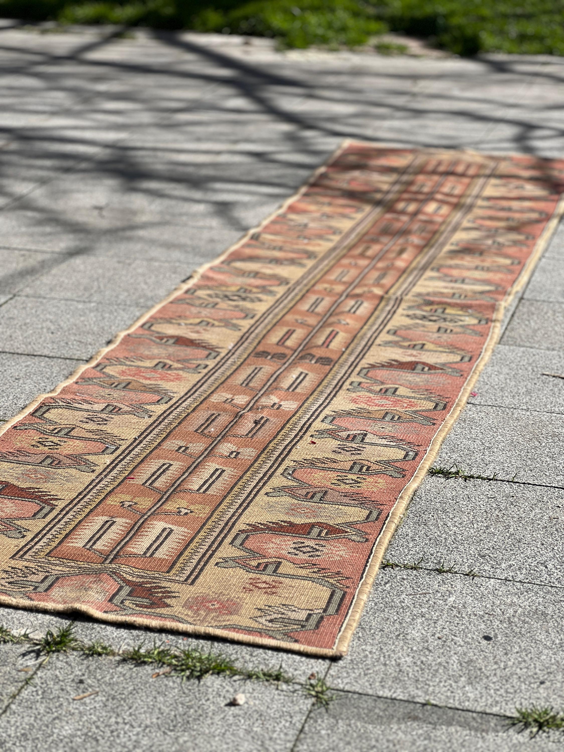 Turkish Runner Rug, Vintage Wool Hallway Rug, Handmade 24x116 Inch, Boho Tribal Decor, Rustic Narrow Carpet, Entryway Long Rug