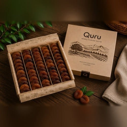 Quru Hediyelik Premium Güneş Kurusu Kayısı — açık kutuda sıra sıra dizilmiş jumbo kayısılar